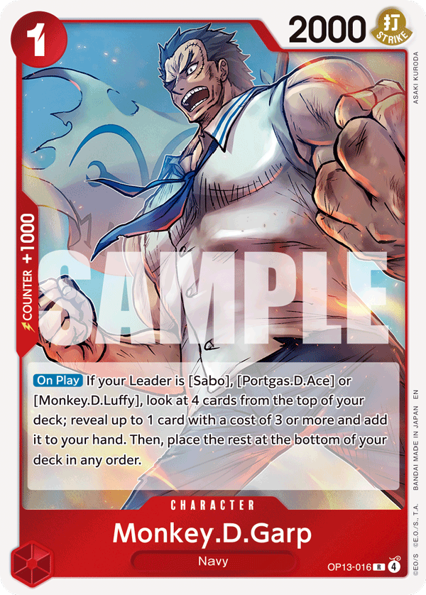 Monkey.D.Garp OP13-016, the R printing from OP-13 of the One Piece Card Game