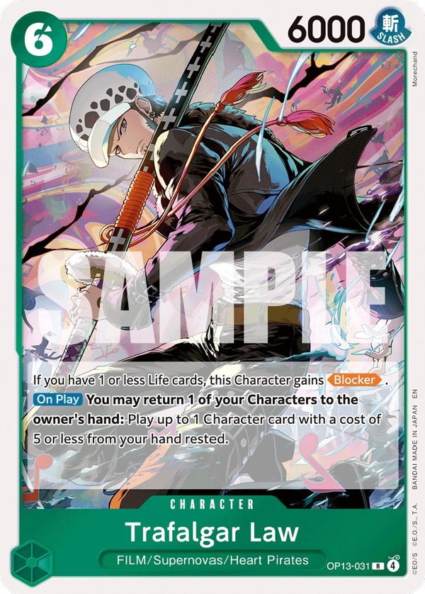 Trafalgar Law OP13-031, the R printing from OP-13 of the One Piece Card Game