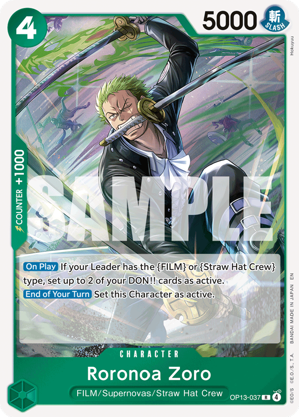 Roronoa Zoro OP13-037, the R printing from OP-13 of the One Piece Card Game