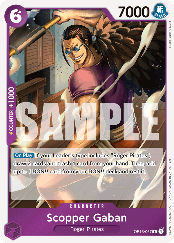 Scopper Gaban OP13-067, the R printing from OP-13 of the One Piece Card Game