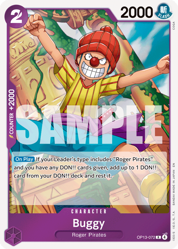 Buggy OP13-072, the R printing from OP-13 of the One Piece Card Game