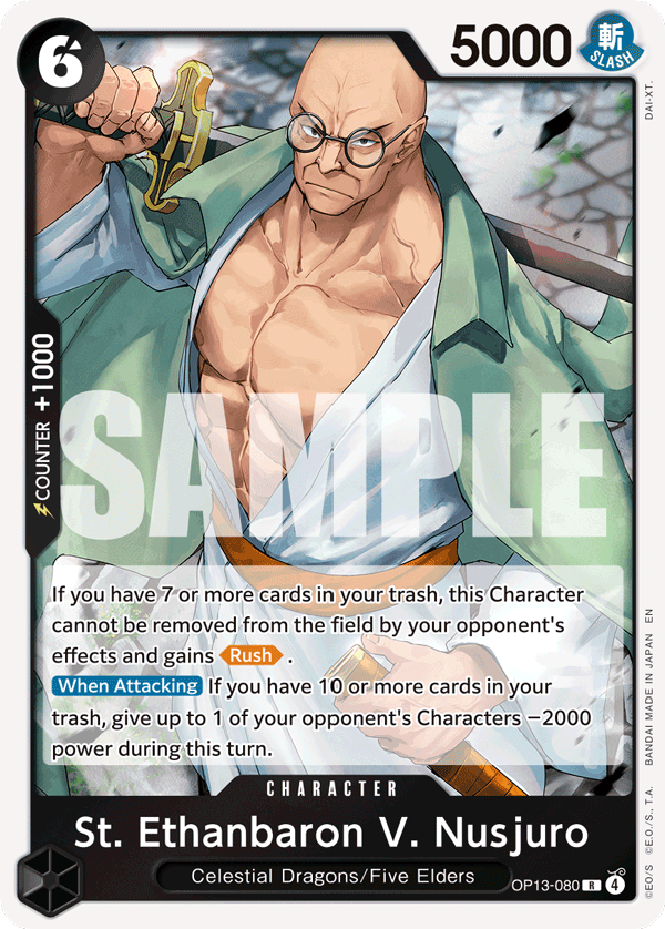 St. Ethanbaron V. Nusjuro OP13-080, the R printing from OP-13 of the One Piece Card Game