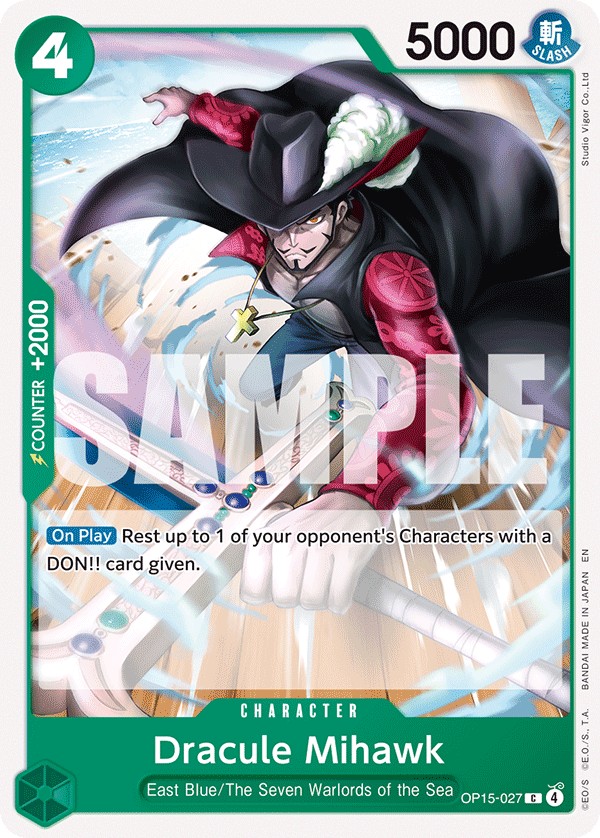 Dracule Mihawk OP15-027, the C printing from OP-15 of the One Piece Card Game