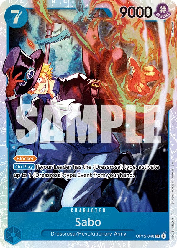 Sabo OP15-046, the SR printing from OP-15 of the One Piece Card Game
