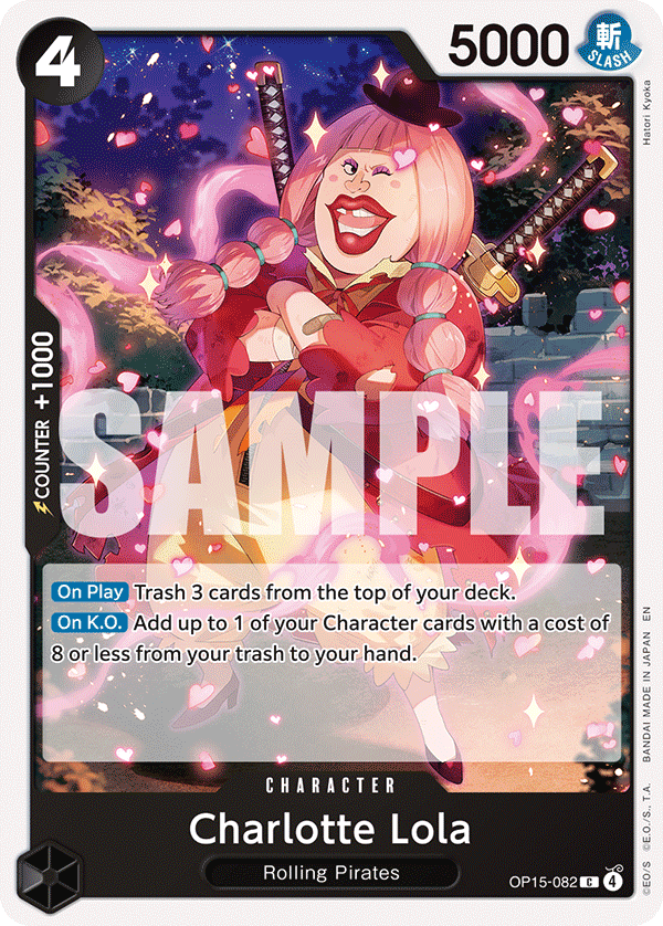 Charlotte Lola OP15-082, the C printing from OP-15 of the One Piece Card Game