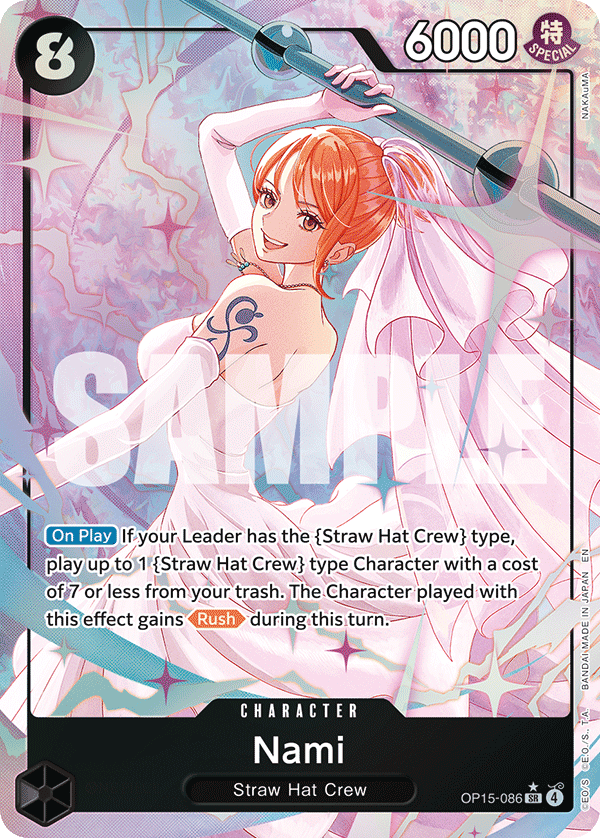 Nami (OP15-086) OP15-086, the SR printing from OP-15 of the One Piece Card Game
