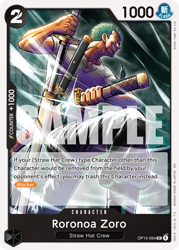 Roronoa Zoro OP15-094, the UC printing from OP-15 of the One Piece Card Game