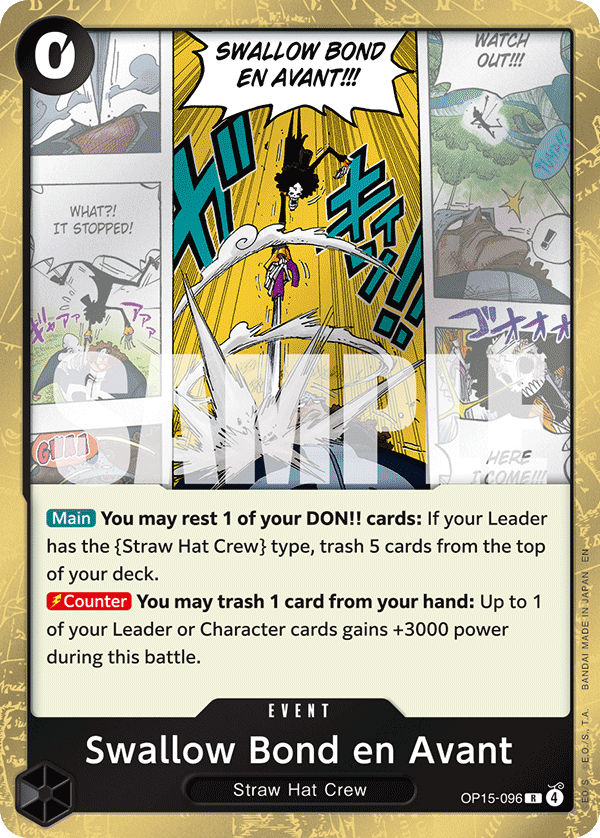 Swallow Bond en Avant OP15-096, the R printing from OP-15 of the One Piece Card Game
