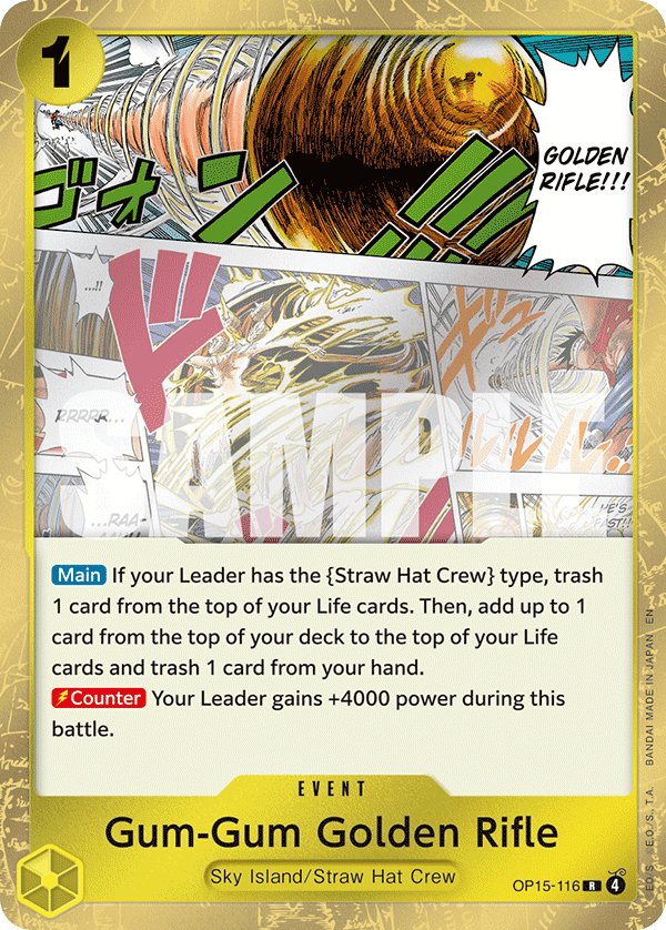 Gum-Gum Golden Rifle OP15-116, the R printing from OP-15 of the One Piece Card Game