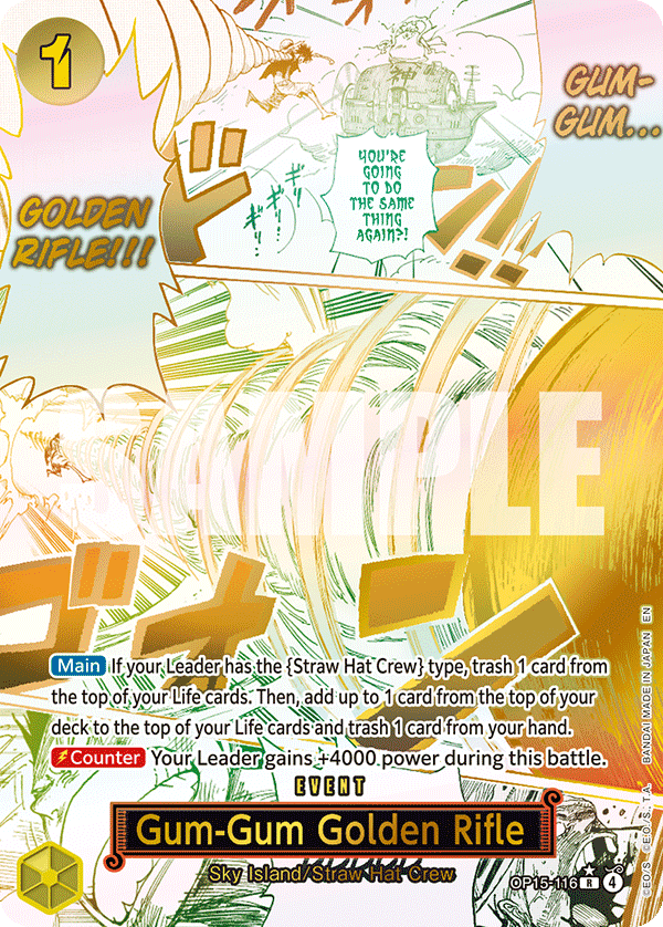 Gum-Gum Golden Rifle OP15-116, the R printing from OP-15 of the One Piece Card Game