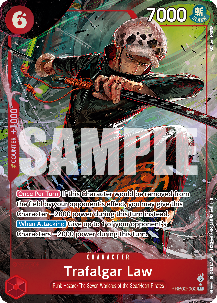 Trafalgar Law - PRB02-002 PRB02-002, the SR printing from PRB-02 of the One Piece Card Game