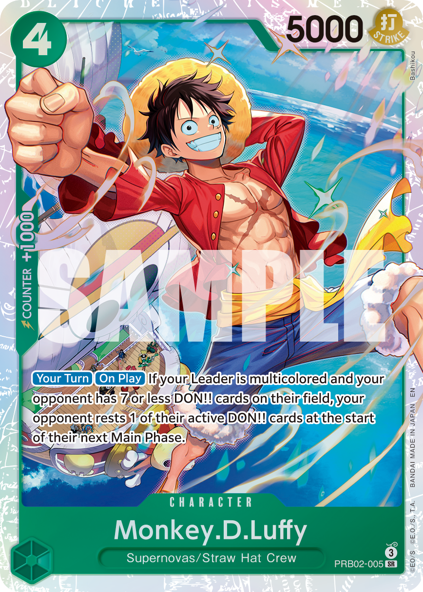 Monkey D. Luffy PRB02-005, the SR printing from PRB-02 of the One Piece Card Game