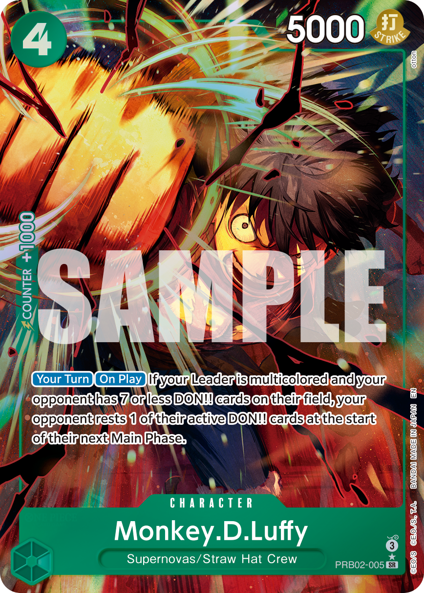 Monkey D. Luffy PRB02-005, the SR printing from PRB-02 of the One Piece Card Game