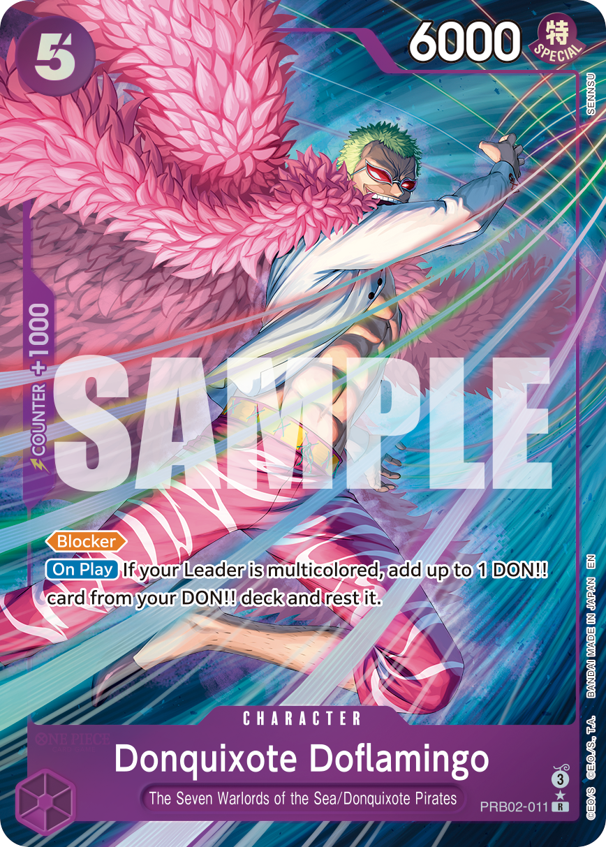 Donquixote Doflamingo PRB02-011, the R printing from PRB-02 of the One Piece Card Game