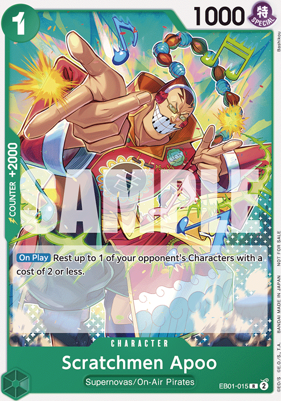 Scratchmen Apoo EB01-015, the R printing from EB-01 of the One Piece Card Game
