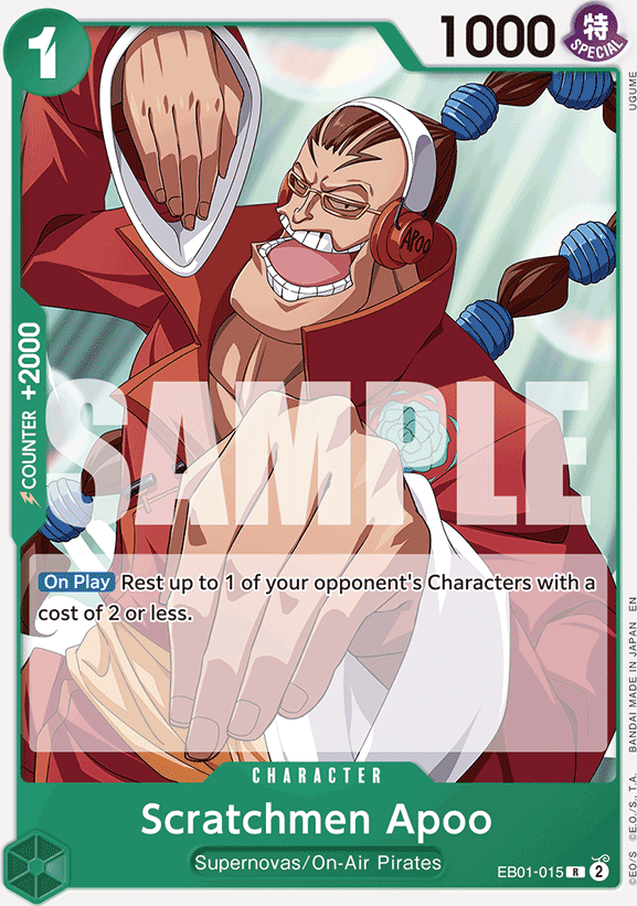 Scratchmen Apoo EB01-015, the R printing from EB-01 of the One Piece Card Game