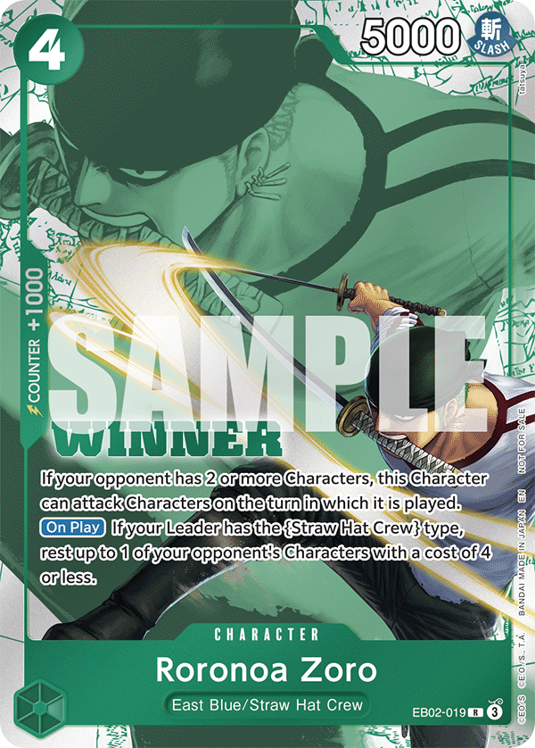 Roronoa Zoro EB02-019, the R printing from EB-02 of the One Piece Card Game