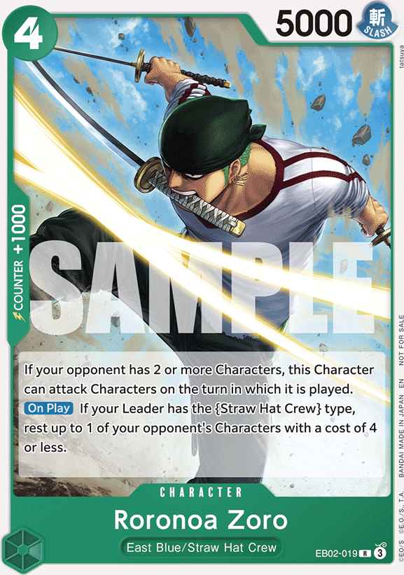 Roronoa Zoro EB02-019, the R printing from EB-02 of the One Piece Card Game
