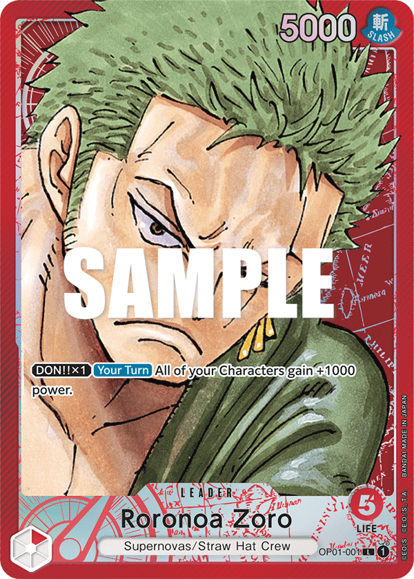 Roronoa Zoro OP01-001, the L printing from OP-01 of the One Piece Card Game