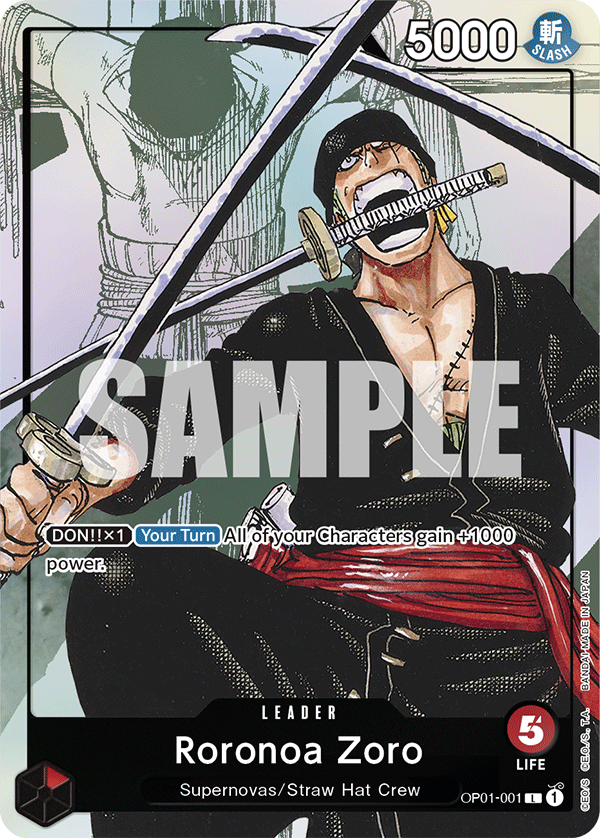 Roronoa Zoro OP01-001, the L printing from OP-01 of the One Piece Card Game