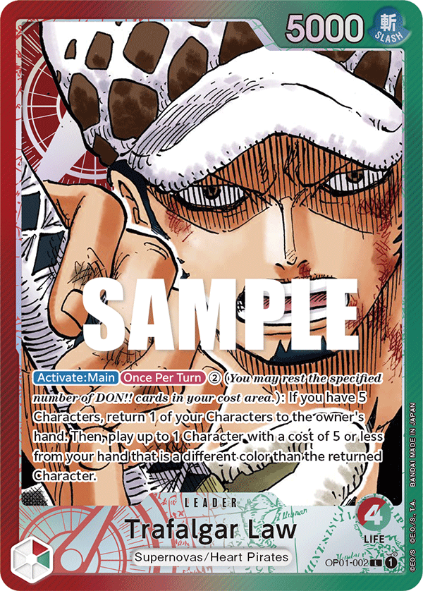 Trafalgar Law OP01-002, the L printing from OP-01 of the One Piece Card Game
