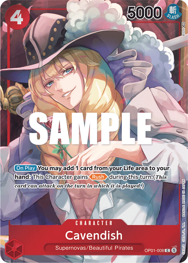 Cavendish OP01-008, the C printing from OP-01 of the One Piece Card Game