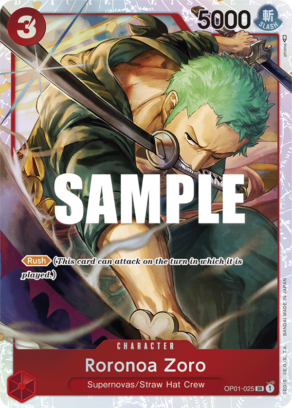 Roronoa Zoro OP01-025, the SR printing from OP-01 of the One Piece Card Game