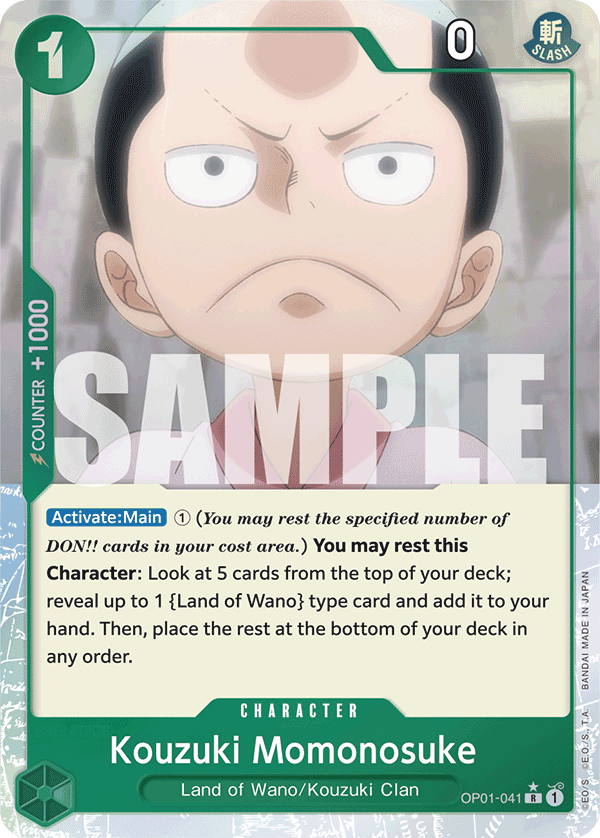 Kouzuki Momonosuke OP01-041, the R printing from OP-01 of the One Piece Card Game
