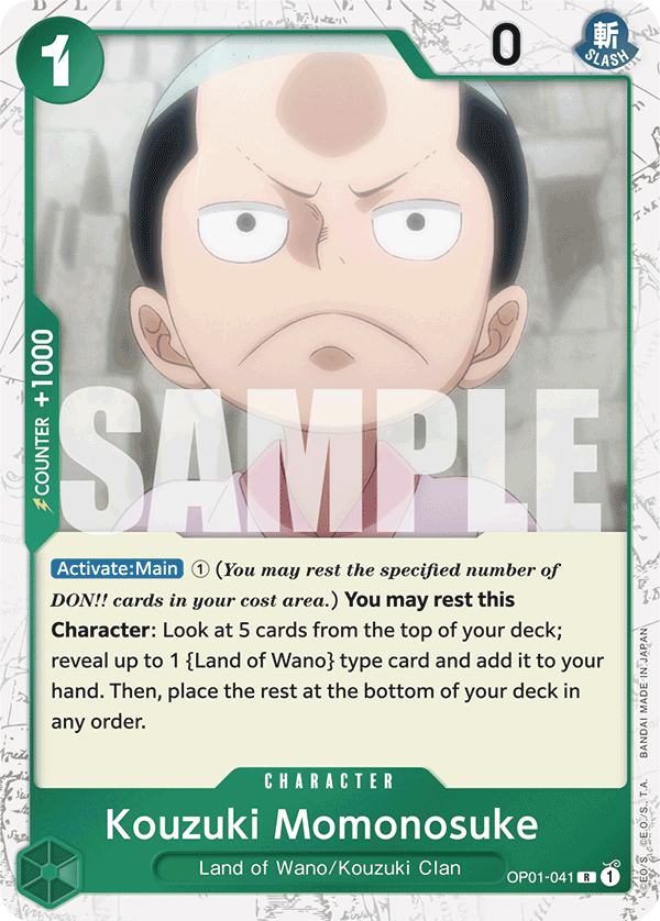 Kouzuki Momonosuke OP01-041, the R printing from OP-01 of the One Piece Card Game