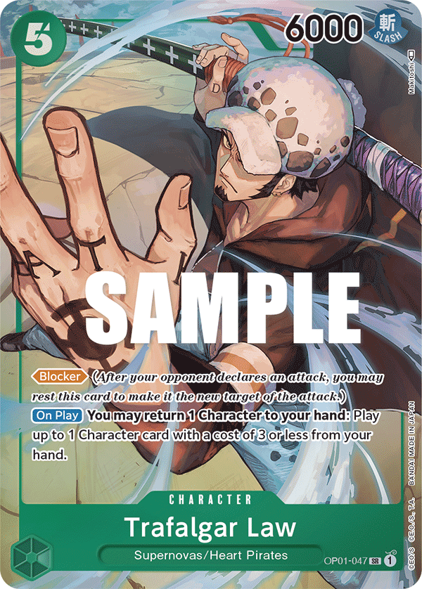 Trafalgar Law OP01-047, the SR printing from OP-01 of the One Piece Card Game