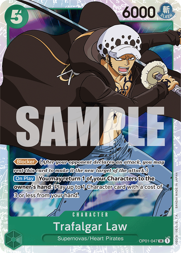Trafalgar Law OP01-047, the SR printing from OP-01 of the One Piece Card Game