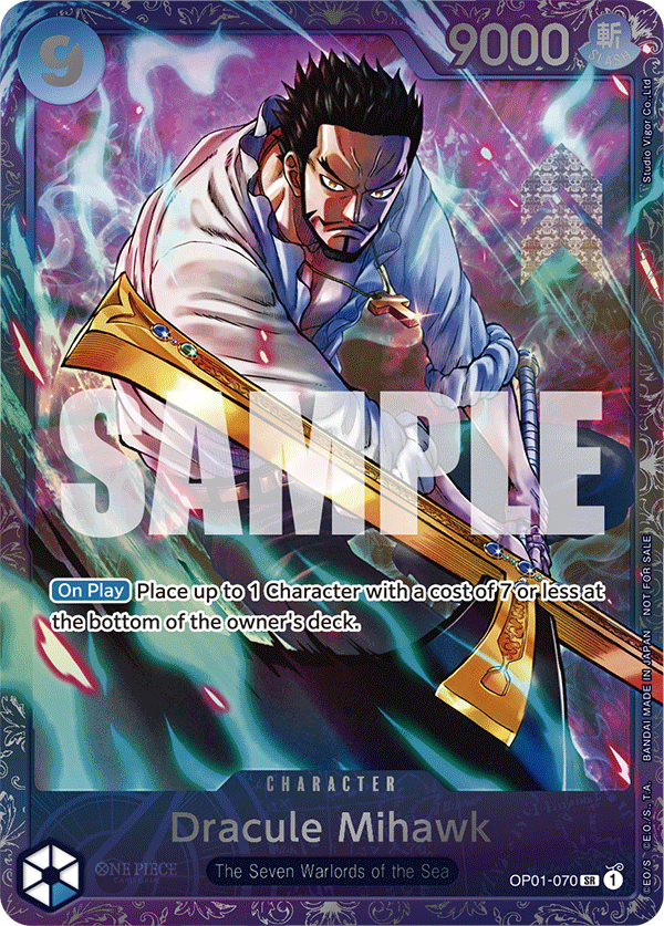 Dracule Mihawk OP01-070, the SR printing from OP-01 of the One Piece Card Game