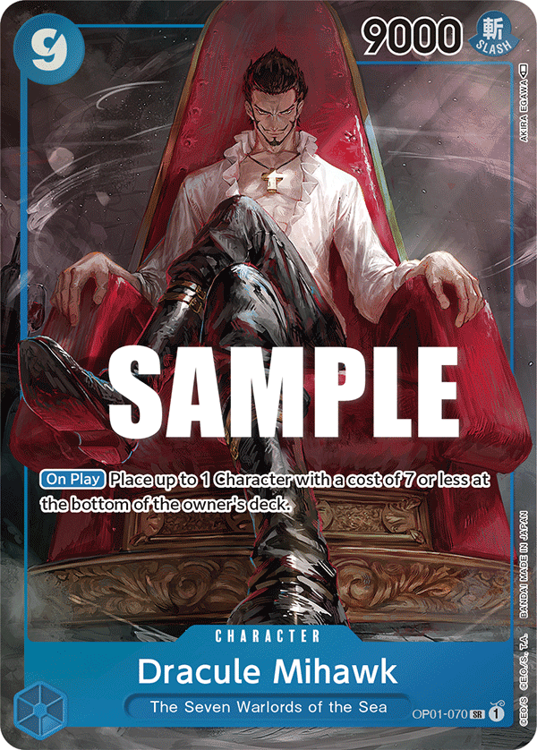 Dracule Mihawk OP01-070, the SR printing from OP-01 of the One Piece Card Game