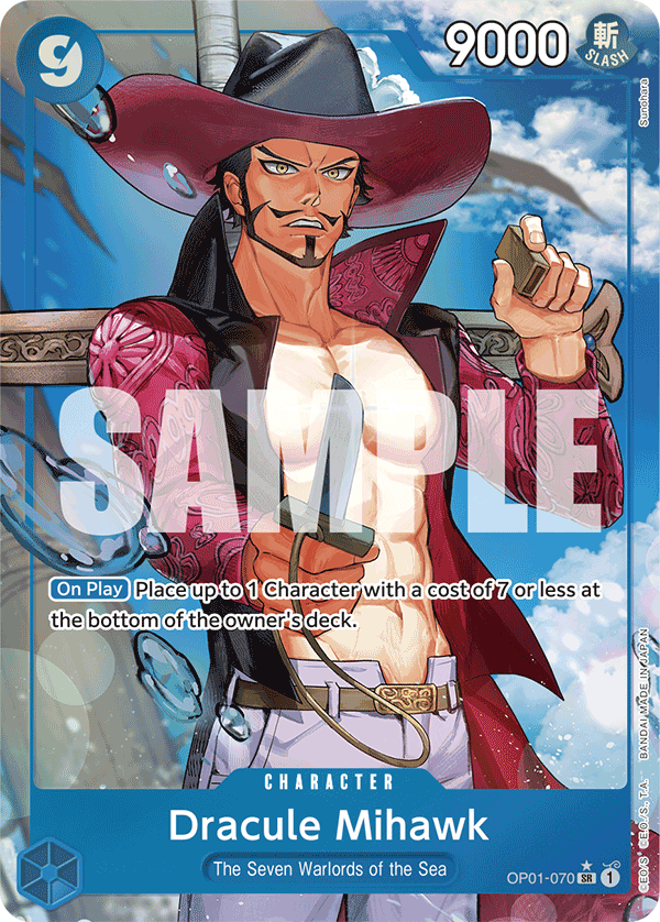 Dracule Mihawk OP01-070, the SR printing from OP-01 of the One Piece Card Game