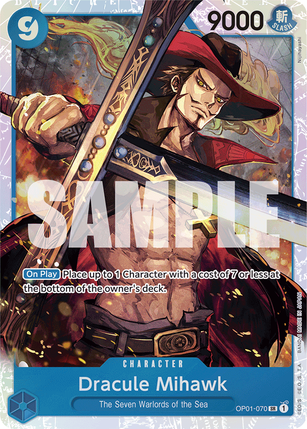 Dracule Mihawk OP01-070, the SR printing from OP-01 of the One Piece Card Game
