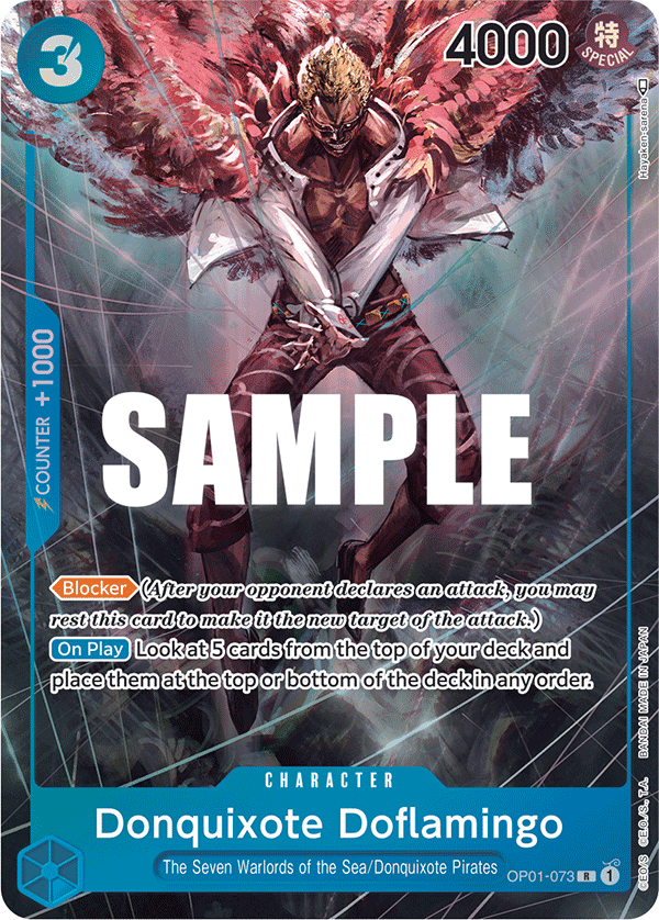 Donquixote Doflamingo OP01-073, the R printing from OP-01 of the One Piece Card Game