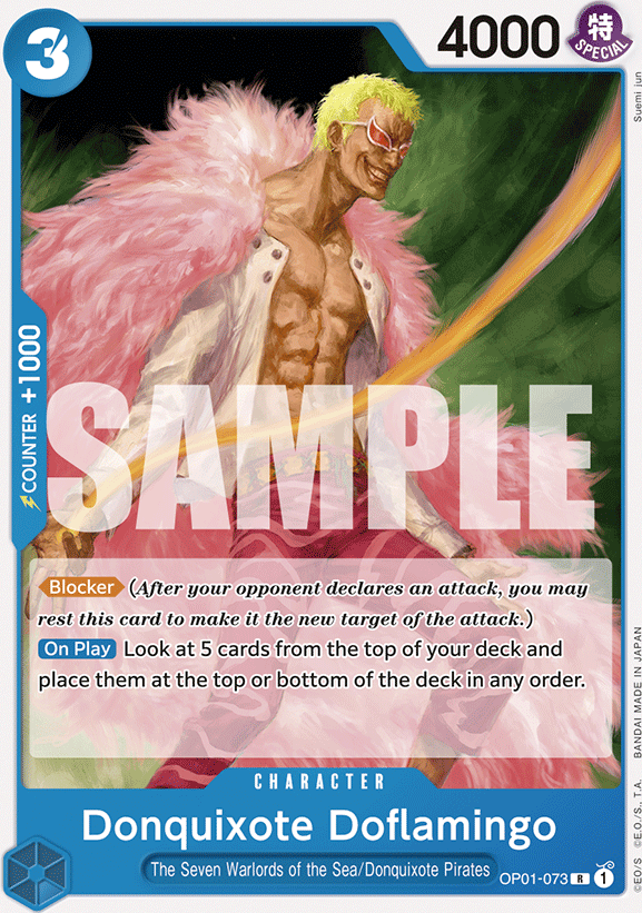 Donquixote Doflamingo OP01-073, the R printing from OP-01 of the One Piece Card Game