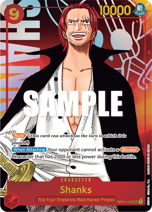 Shanks OP01-120, the SEC printing from OP-01 of the One Piece Card Game