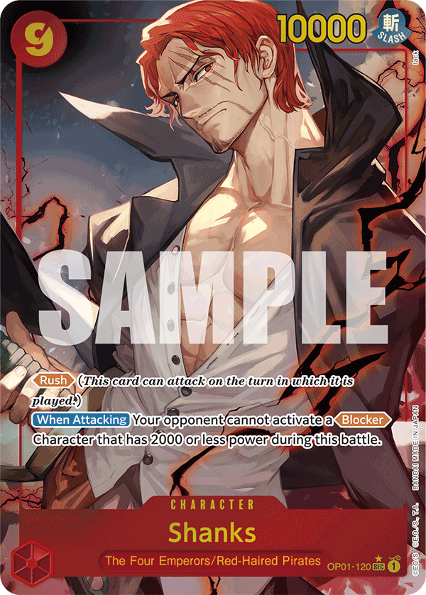 Shanks OP01-120, the SEC printing from OP-01 of the One Piece Card Game