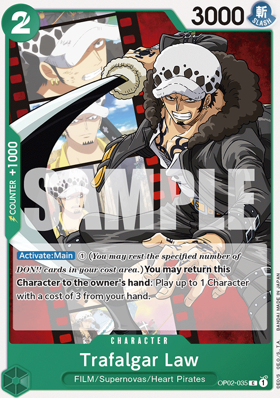 Trafalgar Law OP02-035, the C printing from OP-02 of the One Piece Card Game