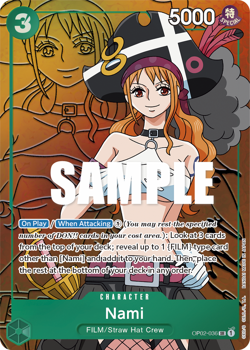 Nami OP02-036, the SR printing from OP-02 of the One Piece Card Game