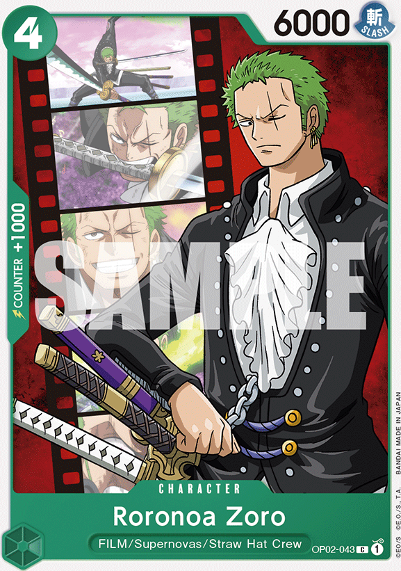 Roronoa Zoro OP02-043, the C printing from OP-02 of the One Piece Card Game
