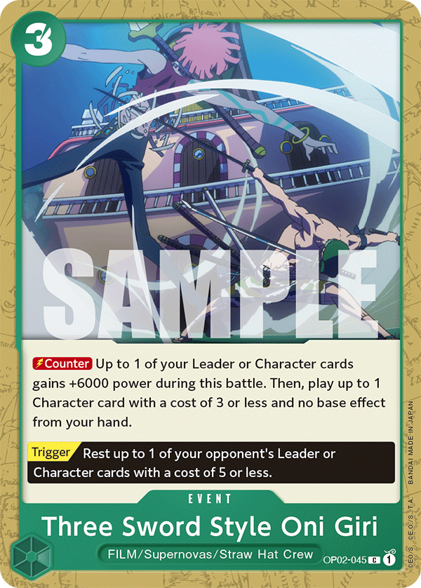 Three Sword Style Oni Giri OP02-045, the C printing from OP-02 of the One Piece Card Game