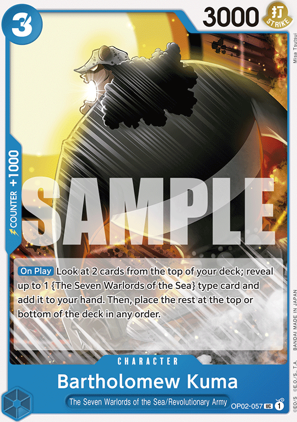 Bartholomew Kuma OP02-057, the UC printing from OP-02 of the One Piece Card Game