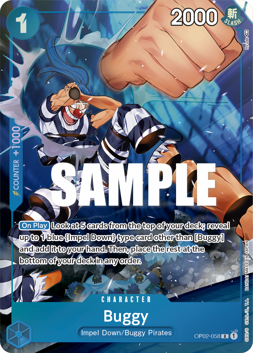 Buggy OP02-058, the R printing from OP-02 of the One Piece Card Game