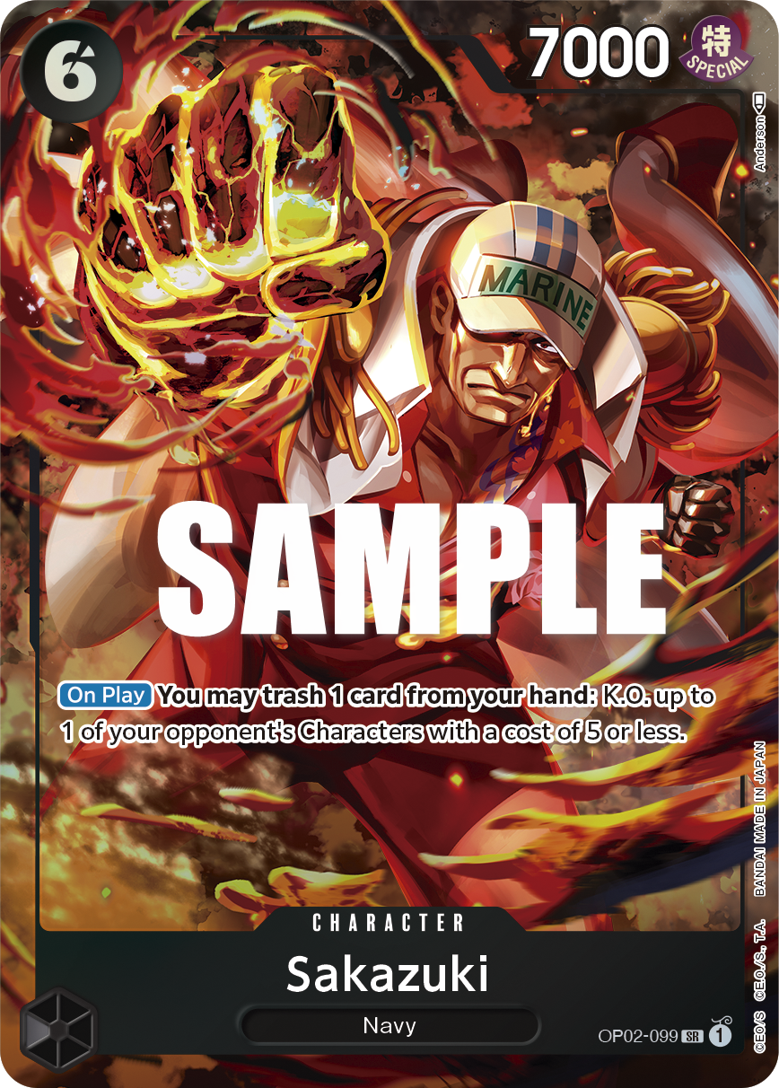 Sakazuki OP02-099, the SR printing from OP-02 of the One Piece Card Game