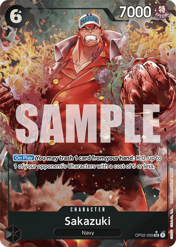 Sakazuki OP02-099, the SR printing from OP-02 of the One Piece Card Game