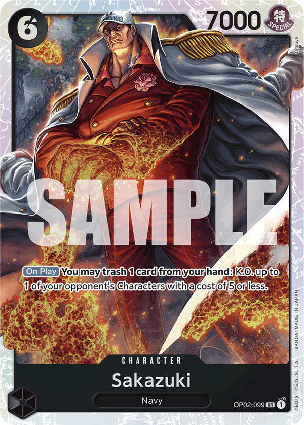 Sakazuki OP02-099, the SR printing from OP-02 of the One Piece Card Game