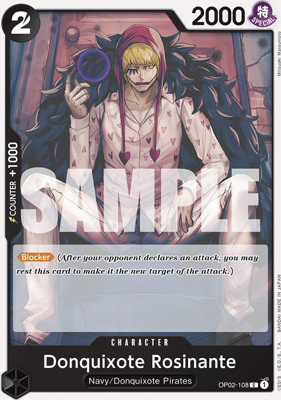 Donquixote Rosinante OP02-108, the C printing from OP-02 of the One Piece Card Game