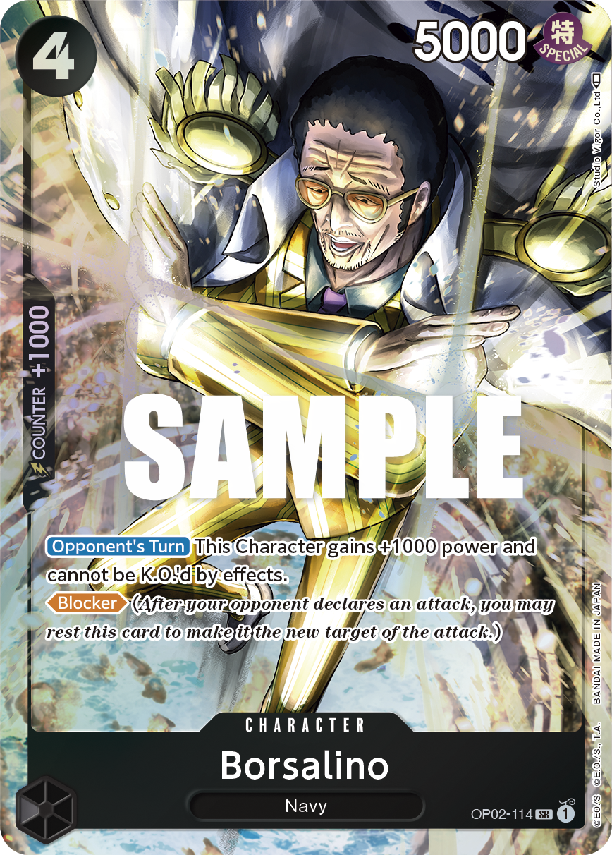 Borsalino OP02-114, the SR printing from OP-02 of the One Piece Card Game